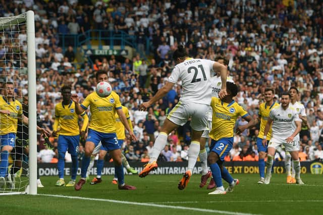 BIG IMPACT: Whites defender Pascal Struijk heads Leeds United level in the 92nd minute of Sunday's clash against Brighton at Elland Road, just nine minutes after coming on. Picture by Jonathan Gawthorpe.