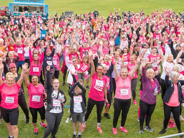 The runners gather for a warm up before tackling a 3k, 5k or 10k route.