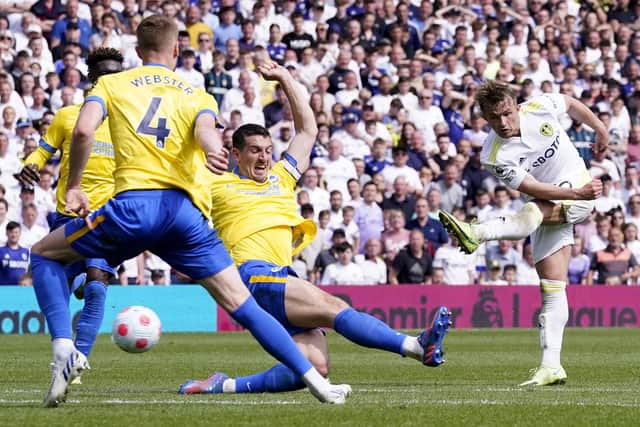 Leeds United's Joe Gelhardt (right) has a shot on goal during the Premier League match at Elland Road against Brighton & Hove Albion. Picture: Danny Lawson/PA Wire.