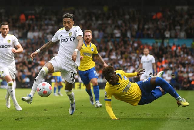 Leeds United man-of-the-match contender Raphinha turns Brighton's Yves Bissouma inside out. Picture: Jonathan Gawthorpe.