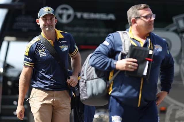 Rohan Smith, left, arrives at AJ Bell Stadium, with Rhinos' team manager Jason Davidson. Picture by John Clifton/SWpix.com.