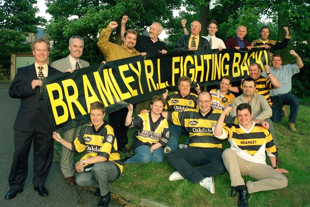Officials and supporters of a scheme to bring Bramley RL back to life show their enthusiasm with this bold banner. Pictured on the extreme left of picture are vice chairman Kevin Baxter and director of rugby Tony Burrow with company secretary Vanessa Burnley at front left.