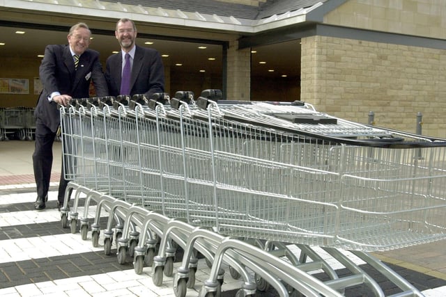 The new Morrisons store opened in Kirkstall. Pictured are 'trolleyboys' Ken Morrison and Leeds West MP John Battle.