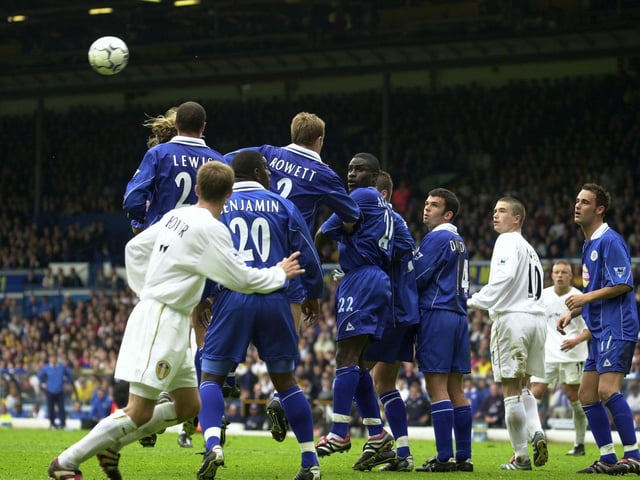 Ian Harte's free kick flies over the Leicester City wall on its way to he net.