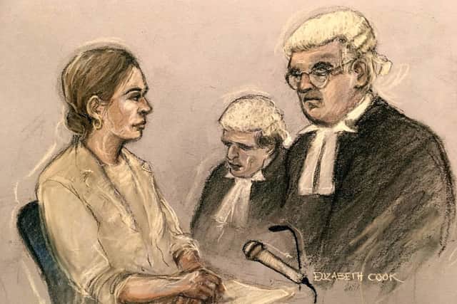 Hugh Tomlinson QC questioning Coleen Rooney as she gives evidence at the Royal Courts Of Justice, London, during the high-profile libel battle between herself and Rebekah Vardy. Picture date: Friday May 13, 2022.
