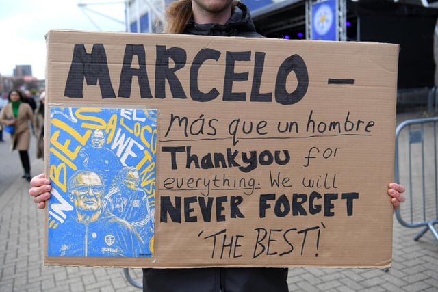 Leeds fans outside the King Power Stadium pay their respects to sacked manager Marcelo Bielsa (Photo by Michael Regan/Getty Images)