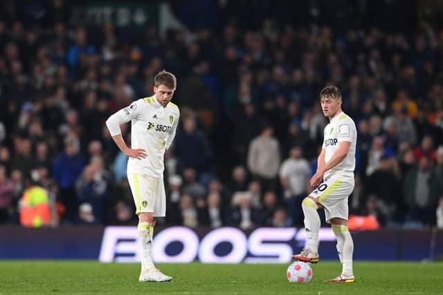 KICK-OFF: Patrick Bamford and Joe Gelhardt stand in the centre circle as Leeds concede to Aston Villa at Elland Road (Photo by Stu Forster/Getty Images)