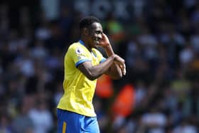 Danny Welbeck celebrates scoring the opener for Brighton and Hove Albion against Leeds United at Elland Road. Pic: George Wood.