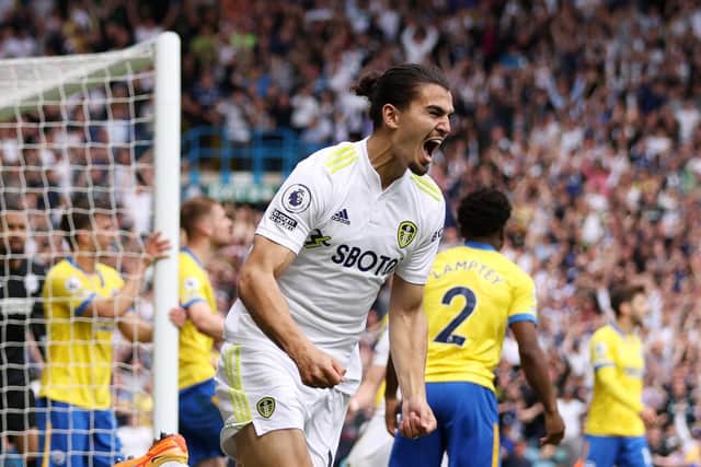 Pascal Struijk celebrates scoring an injury-time equaliser for Leeds United. Pic: George Wood.
