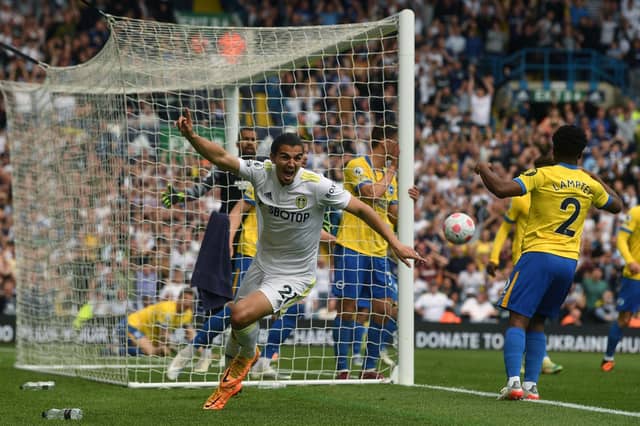 WILD SCENES: Pascal Struijk whirls away to celebrate his 92nd-minute equaliser after sublime work from Joe Gelhardt to seal a 1-1 draw against Brighton at Elland Road and a passage out of the bottom three. Picture by Jonathan Gawthorpe.