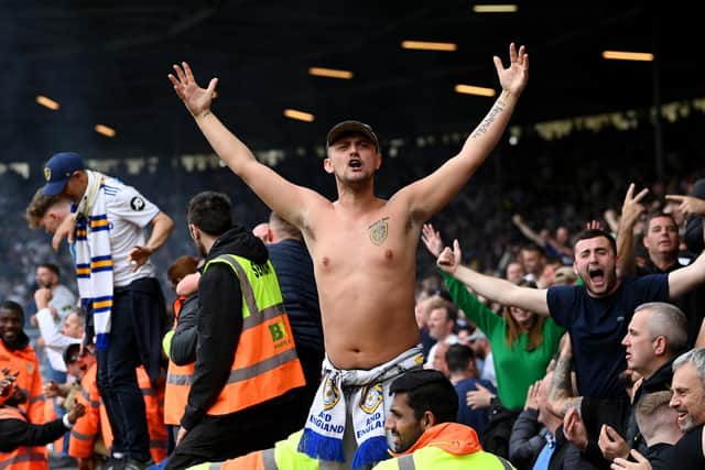 Leeds United fans celebrate Pascal Struijk's late equaliser. Pic: Stu Forster.