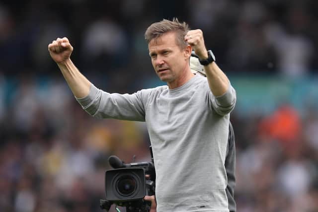 Leeds United boss Jesse Marsch celebrates at the final whistle. Pic: George Wood.