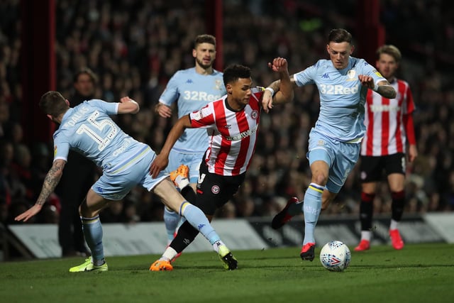 Brentford's Ollie Watkins is fouled by Stuart Dallas and Ben White.