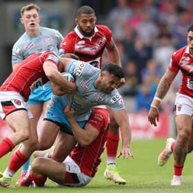 Leeds Rhinos' Rhyse Martin on the attack against Salford Red Devils. Picture: John Clifton/SWpix.com.