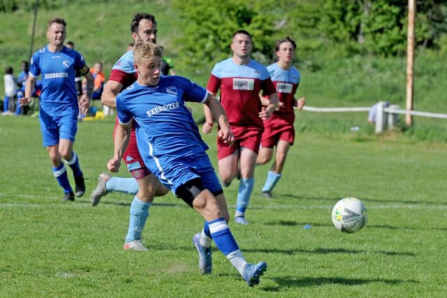 Horbury Town's
Lewis Stephens completes his hat-trick in the 6-3 win over Rawdon OB. Picture: Steve Riding.