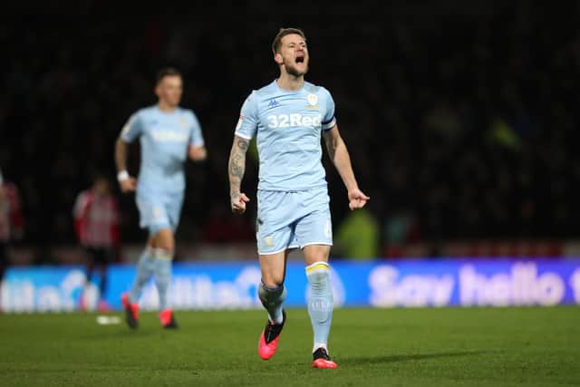 Leeds United captain Liam Cooper celebrates scoring the equaliser against Brentford in the Whites' 1-1 Championship draw with their promotion rivals in 2020. Pic: George Wood.