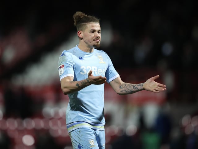Kalvin Phillips gestures to the travelling faithful at full-time.