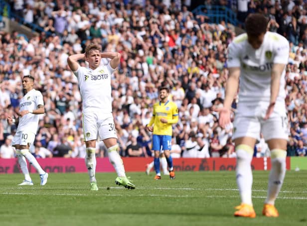 Joe Gelhardt reacts during Leeds United's 1-1 Premier League draw with Brighton and Hove Albion. Pic: George Wood.