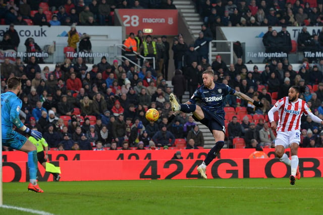 Pontus Jansson gets on the end of a Pablo Hernandez free-kick but shoots wide during Leeds United's Championship clash against Stoke City at the43 Bet365 Stadium in January 2019.