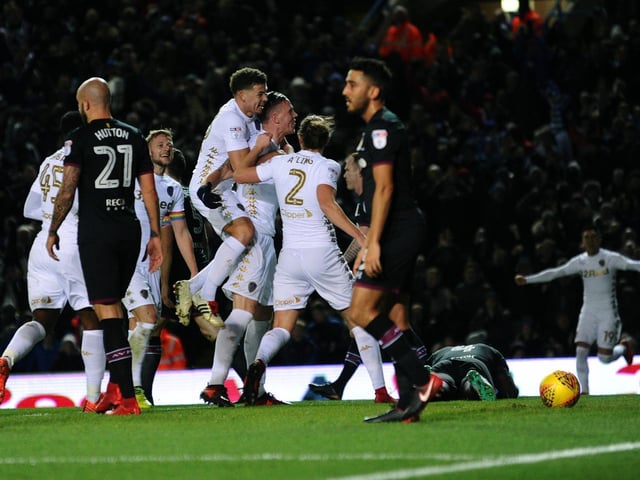 Pontus Jansson celebrates scoring against Aston Villa at Elland Road in
December 2017.