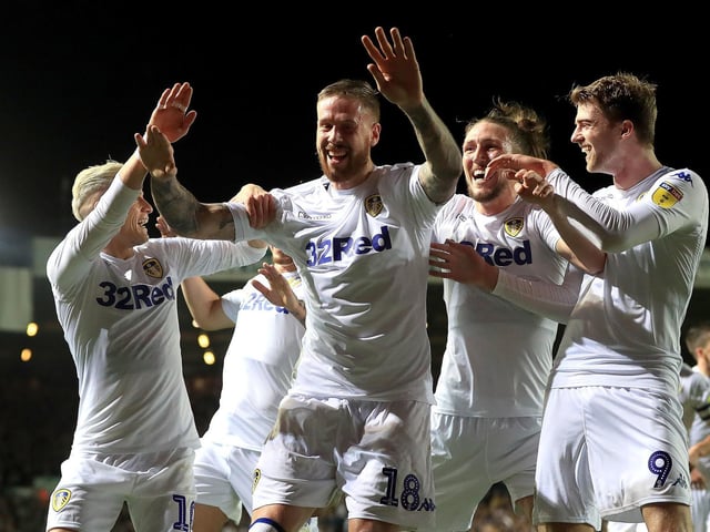 Pontus Jansson celebrates scoring against Swansea City at Elland Road in February 2019.