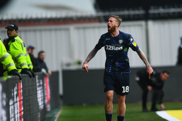 Pontus Jansson celebrates at full-time after Leeds United;'s 1-0 win against Bristol City at Ashton Gate in March 2019.
