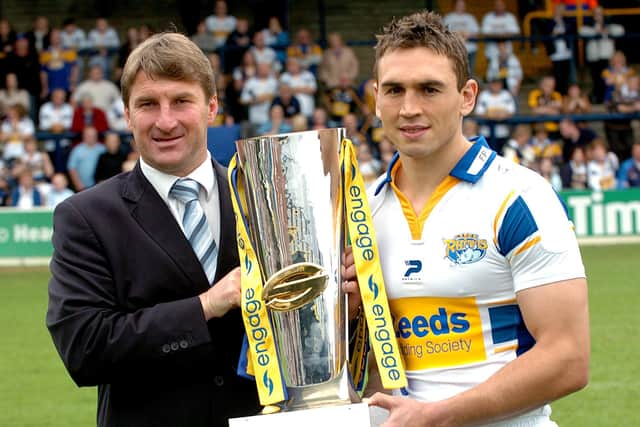 Leeds Rhinos head coach Tony Smith and captain Kevin Sinfield pose with the Super League Grand Final trophy at Headingley in October 2007. Picture: Jonathan Gawthorpe