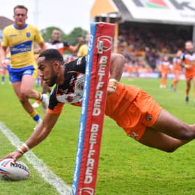At the double: Castleford Tigers winger Jason Qareqare of  scored a brace of fine tries in the win against Hull KR. Picture by Will Palmer/SWpix.com