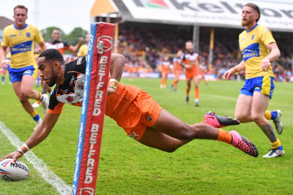 At the double: Castleford Tigers winger Jason Qareqare of  scored a brace of fine tries in the win against Hull KR. Picture by Will Palmer/SWpix.com