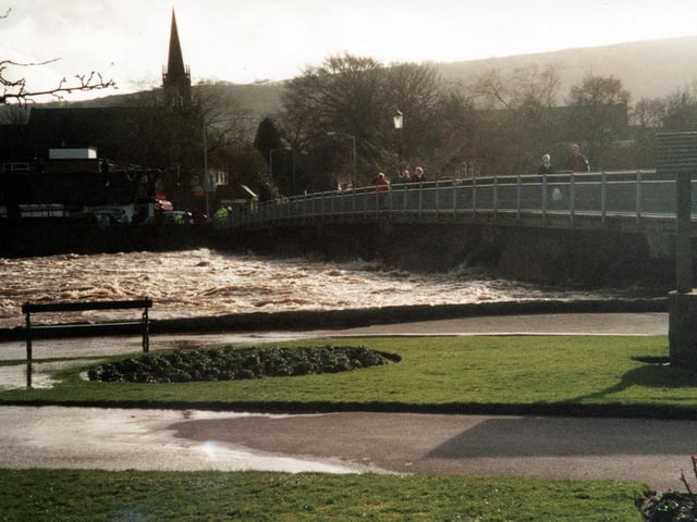 The River Wharfe in full flow at the Bridge Street Bridge in Otley in April 2002.