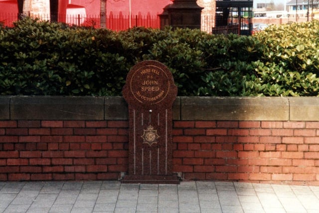 A memorial to Police Sergeant John Speed on Kirkgate pictured in March 2002. He was killed on October 31, 1984, during the course of his duty near the Parish Church. There was also a memorial in Millgarth police station.