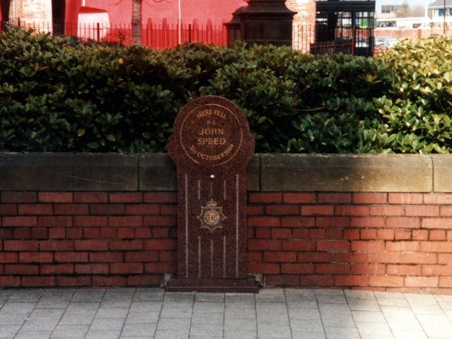 A memorial to Police Sergeant John Speed on Kirkgate pictured in March 2002. He was killed on October 31, 1984, during the course of his duty near the Parish Church. There was also a memorial in Millgarth police station.