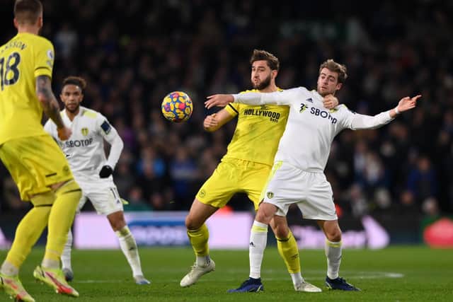 Charlie Goode holds Patrick Bamford during Leeds United's 2-2 with Brentford at Elland Road. Pic: Stu Forster.