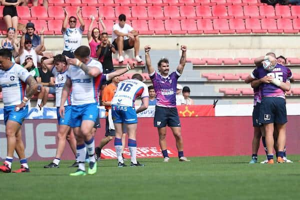 Disappointment for Trinity as Toulouse celebrate last week's win. Picture by Manuel Blondeau/SWpix.com.