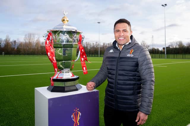 Jason Robinson poses with the World Cup trophy. (Picture: SWPix.com)