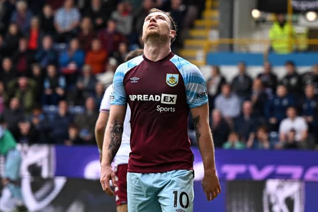 YOU WANT US GONE! Says Burnley striker Ashley Barnes, above.
Photo by OLI SCARFF/AFP via Getty Images.