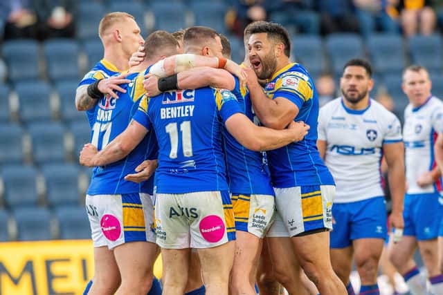 James Bentley celebrates scoring Leeds Rhinos' first try against Wakefield Trinity. Picture: Bruce Rollinson.