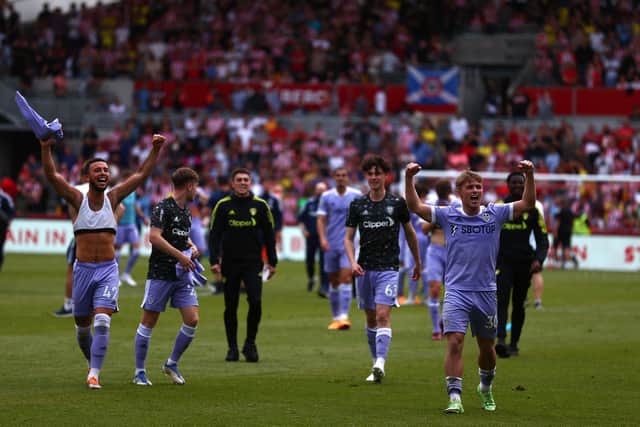 RELIEF: Leeds United celebrate staying up at Brentford.
Photo by ADRIAN DENNIS/AFP via Getty Images.
