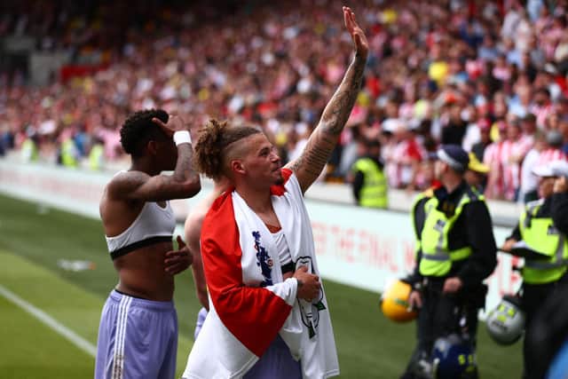 'AMAZING FEELING': For Leeds United star Kalvin Phillips, centre, in helping to keep his hometown club up on the final day of the Premier League season.  
Photo by ADRIAN DENNIS/AFP via Getty Images.