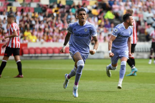 Raphinha celebrates scoring a penalty during Leeds United's 2-1 win over Brentford. Pic: Alex Davidson.