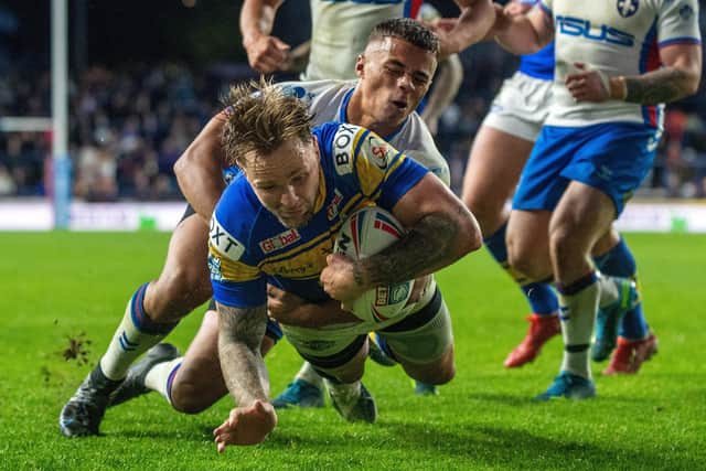 Try scorer Blake Austin - playing alongside Richie Myler - had one of his better games for Leeds Rhinos in the win over Wakefield Trinity. Picture: Bruce Rollinson.