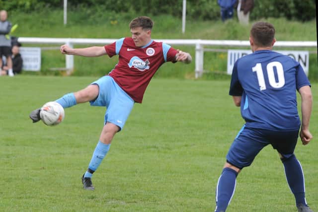 Littletown's Thomas Ramsden tries his luck in front of goal in the Yorkshire Amateur win over Calverley United. Picture: Steve Riding.