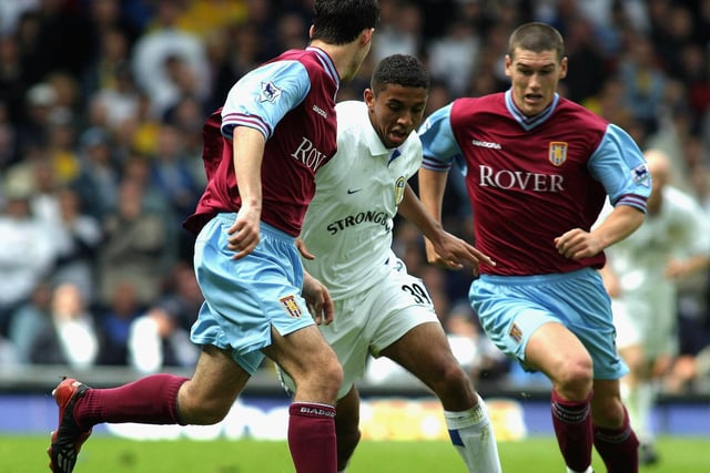 Simon Johnson tries to find a way through the Aston Villa defence.
