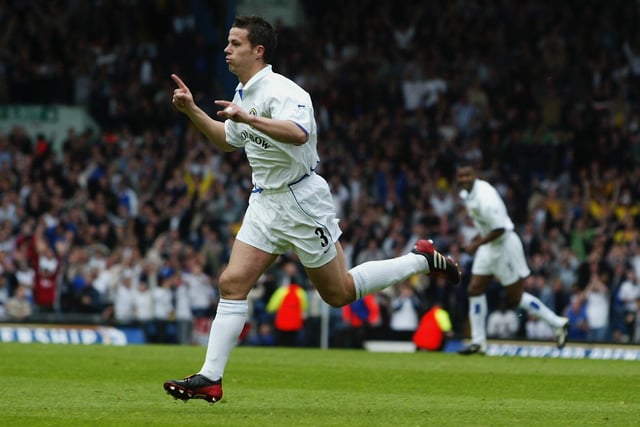 Ian Harte celebrates after his free-kick gave Leeds United an early lead.