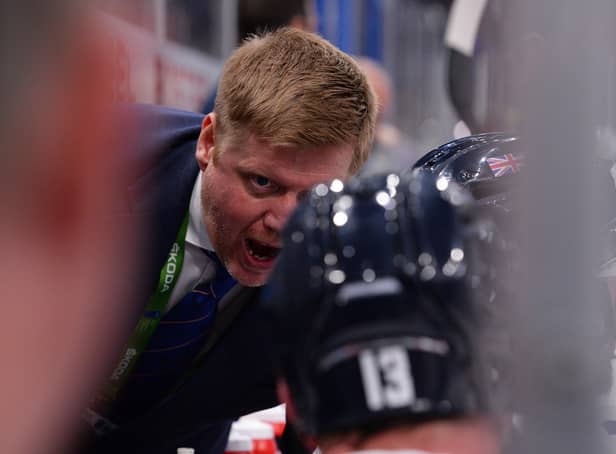Pete Russell gets his message across to his players on the bench during the World Championships. Picture: Dean Woolley/IHUK.