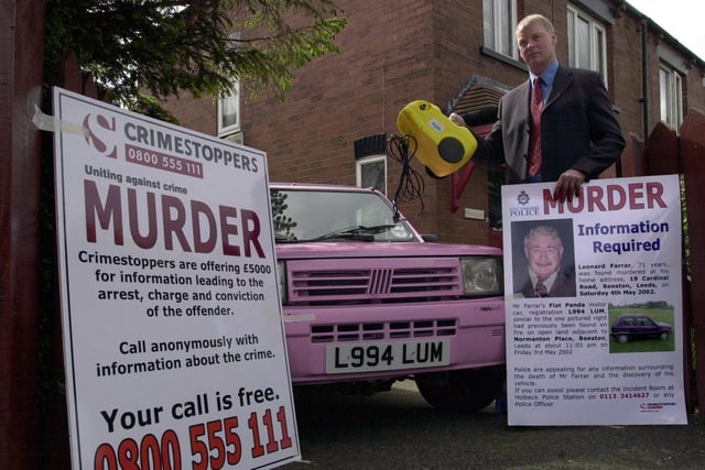 Police were investigating the murder of Beeston pensioner Len Farrar.  Det Supt Howard Crowther is pictured with a Fiat Panda similar to the car owned by Len and apower washer that was stolen from the vehicle. The murder remains unsolved to this day.