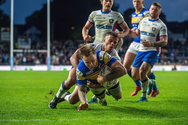 Blake Austin scores Leeds Rhinos' third try against Wakefield Trinity in their BetFred Super League clash at Headingley Picture: Bruce Rollinson