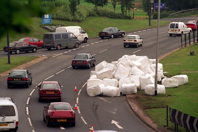 The aftermath after a lorry shed it load on the Armley Gyratory in August 1997.