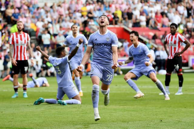 Leeds United winger Jack Harrison celebrates scoring the goal that secured the Whites' Premier League status. Pic: Alex Davidson.