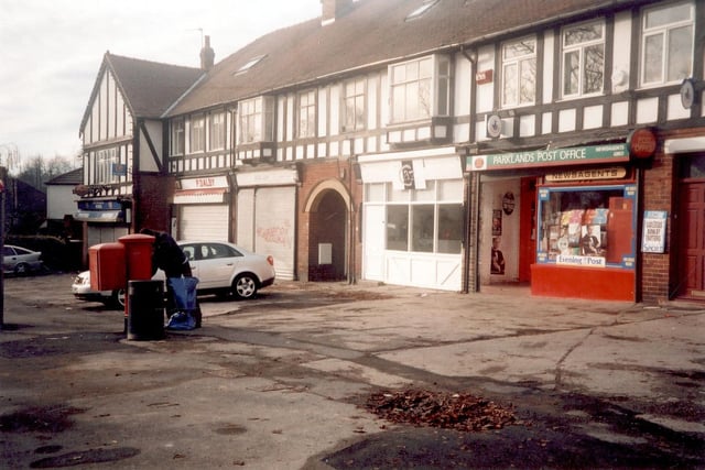 A parade of shops on Stonegate Road near the junction with Parkland Drive in November 2003. Pictured, from left, are Stonegate Wines, P. Dalby, a vacant shop, 'Caz', and Parklands Post Office.